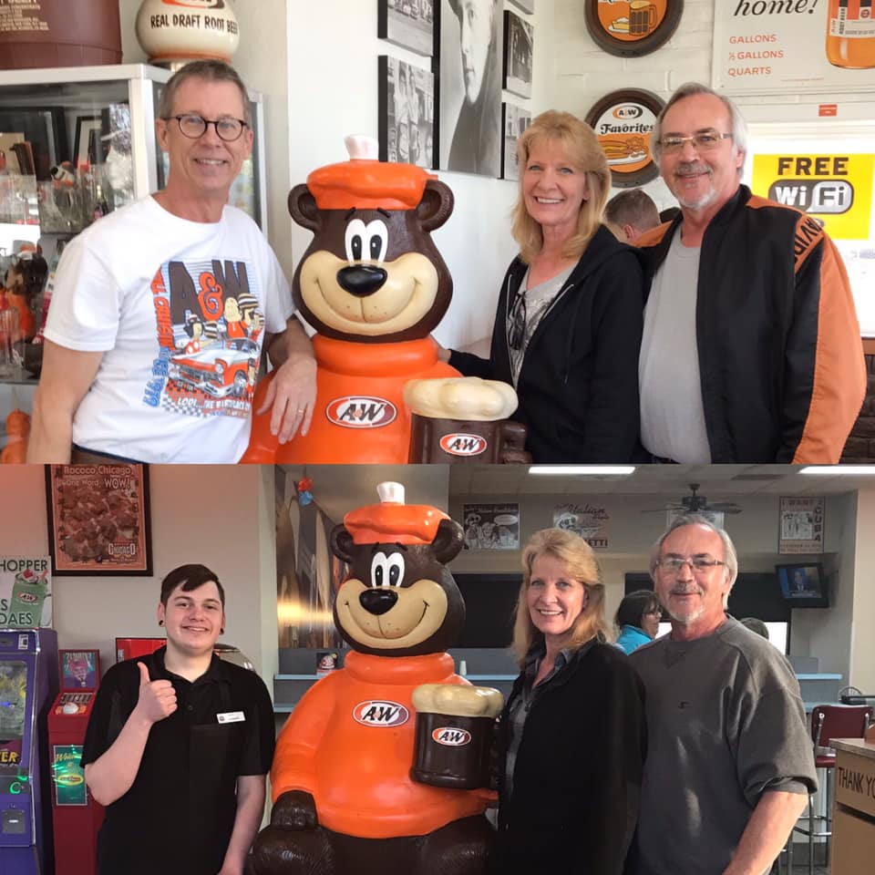 Top Photo: Carol and Mark pose in front of Rooty the Great Root Bear statue with A&W Lodi, CA owner Pete Knight; Bottom photo: Carol and Mark post in front of a Rooty the Great Root Bear statue with team members at the Lodi, WI A&W.