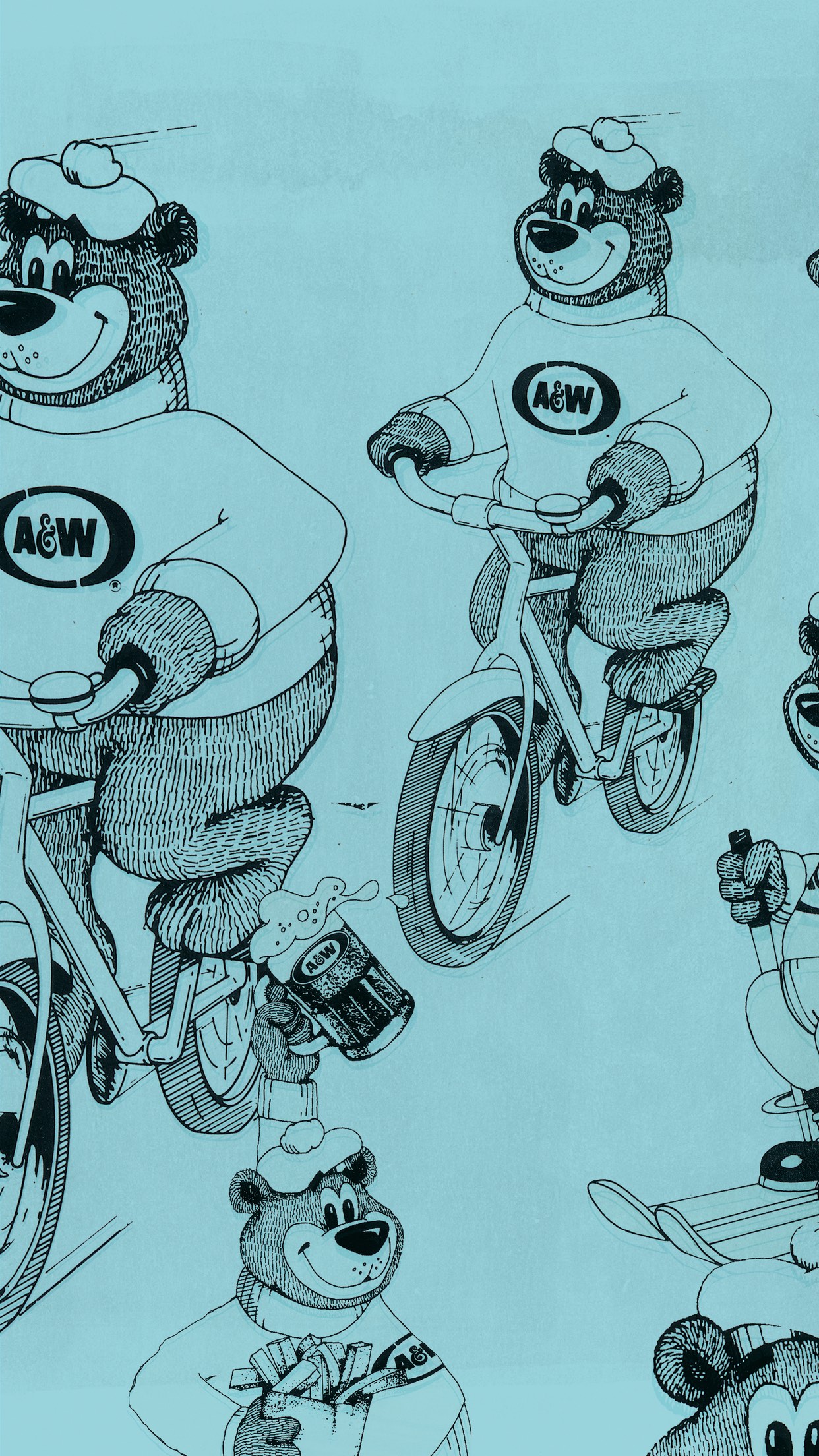 Blue phone wallpaper with sketches of Rooty the Great Root Bear riding a bicycle