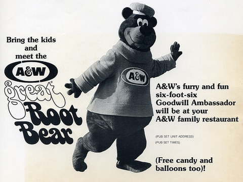 Black and white photo of Rooty the Great Root Bear