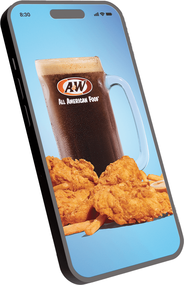 Smartphone display an image of A&W root beer and food