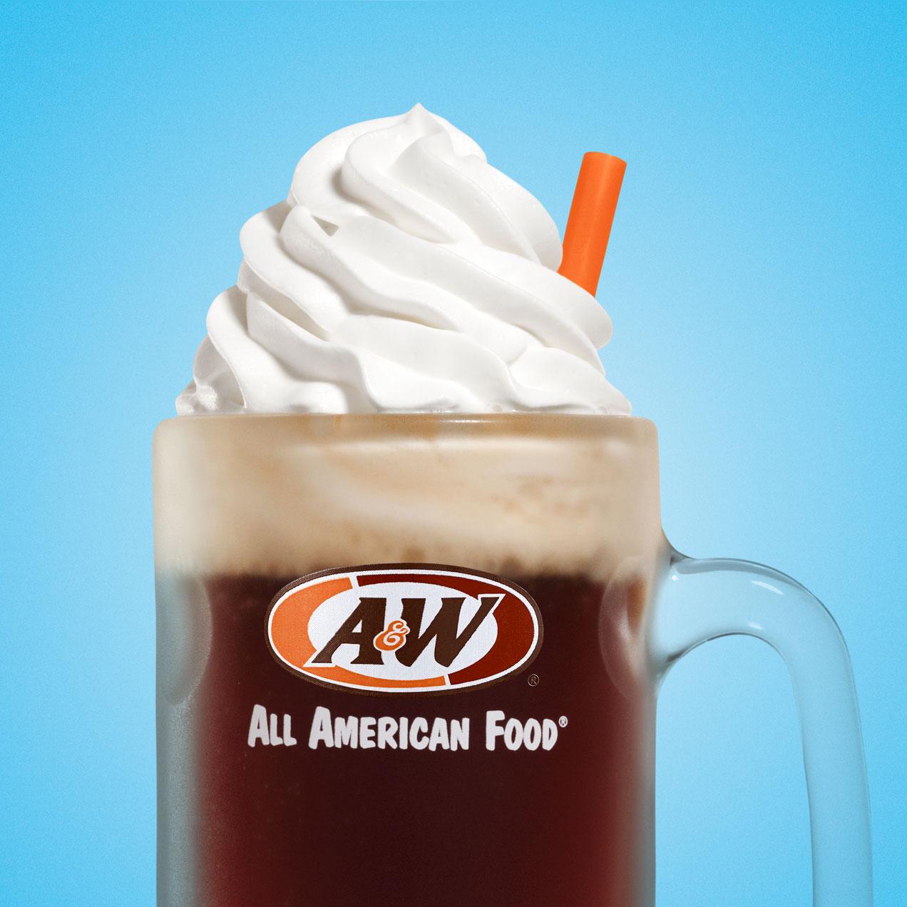 Root Beer Float in an A&amp;W mug on a gradient background