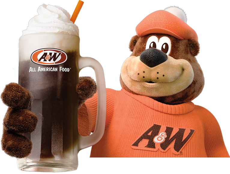 Rooty holding a root beer float