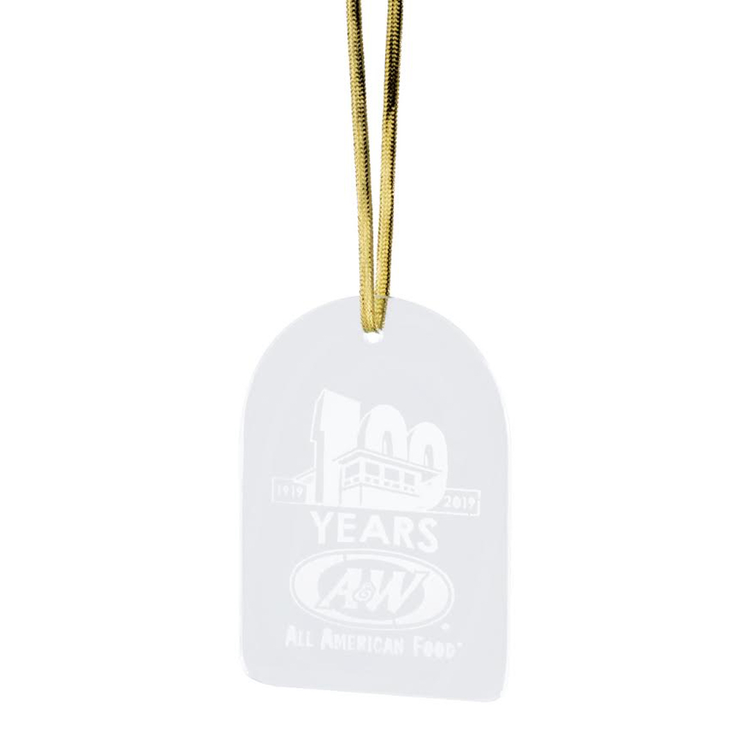 Glass ornament with etched A&W Restaurants 100th Anniversary logo and a gold ribbon. 