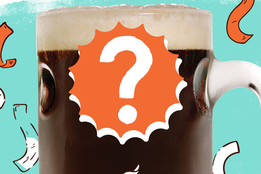 Background is light blue with orange and white confetti. A mug of A&W Root Beer is in the center of the image. An orange starburst is in the center of the mug with a white question mark inside.