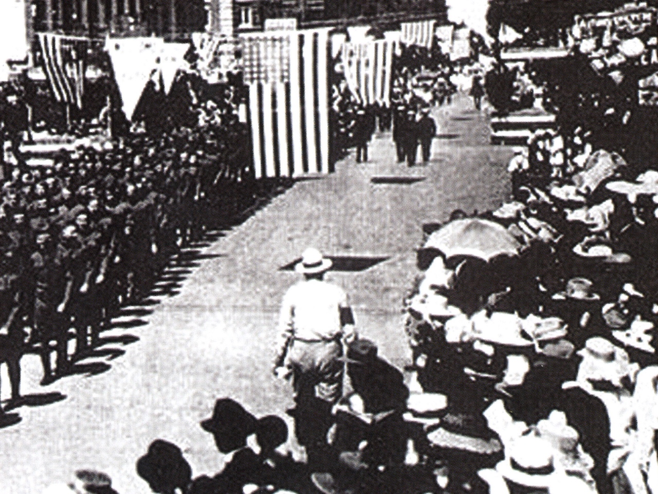 Black and white photo of parade in Lodi, CA.