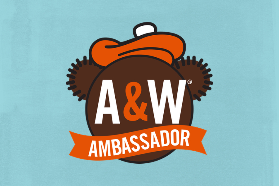 Background is blue. A&W Ambassador Logo is in the middle of the background. Logo features text 