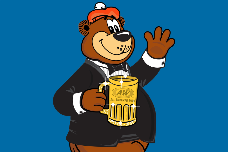 Rooty the Great Root Bear in a tuxedo holding a golden mug