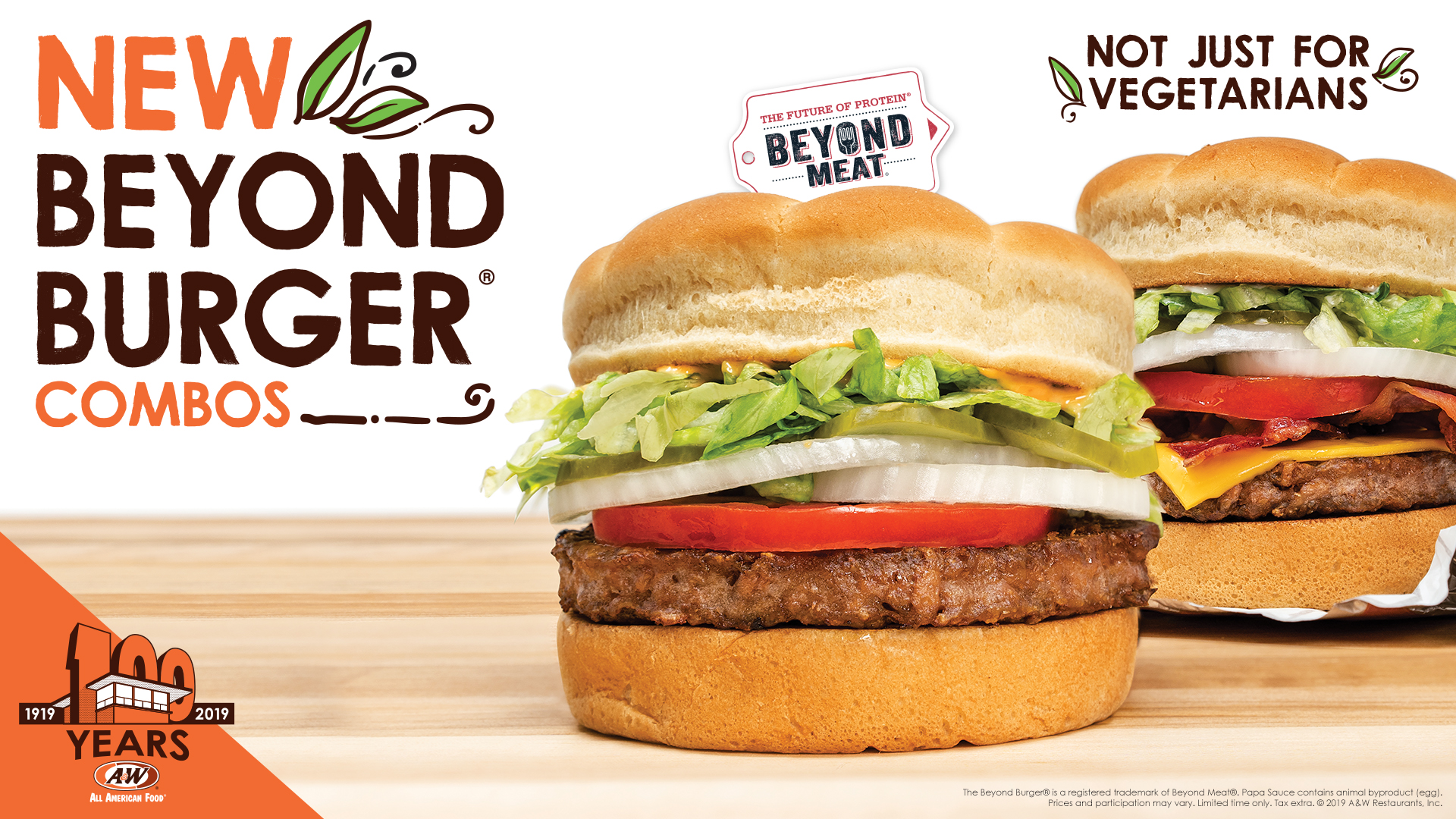 Text on top left reads "New Beyond Burger Combos". Two Beyond Burgers on the right side, the farthest right Beyond Burger has bacon. Text above burgers reads "Not just for vegetarians"