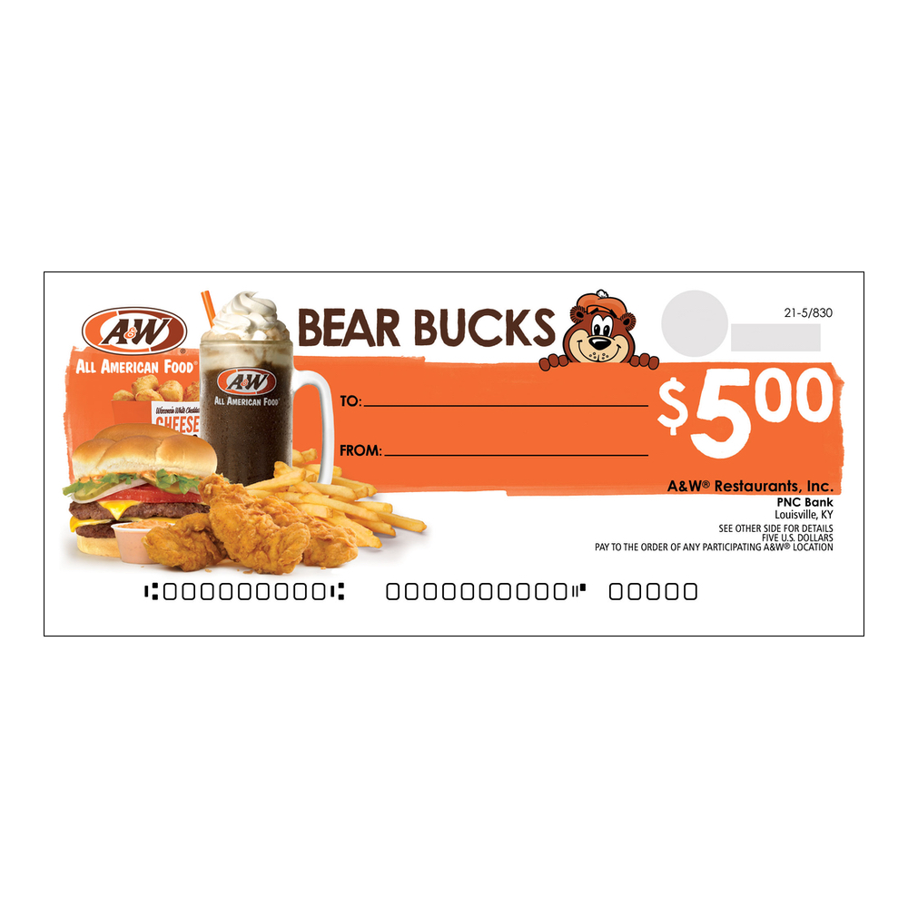 Image of A&W Bear Bucks gift checks.