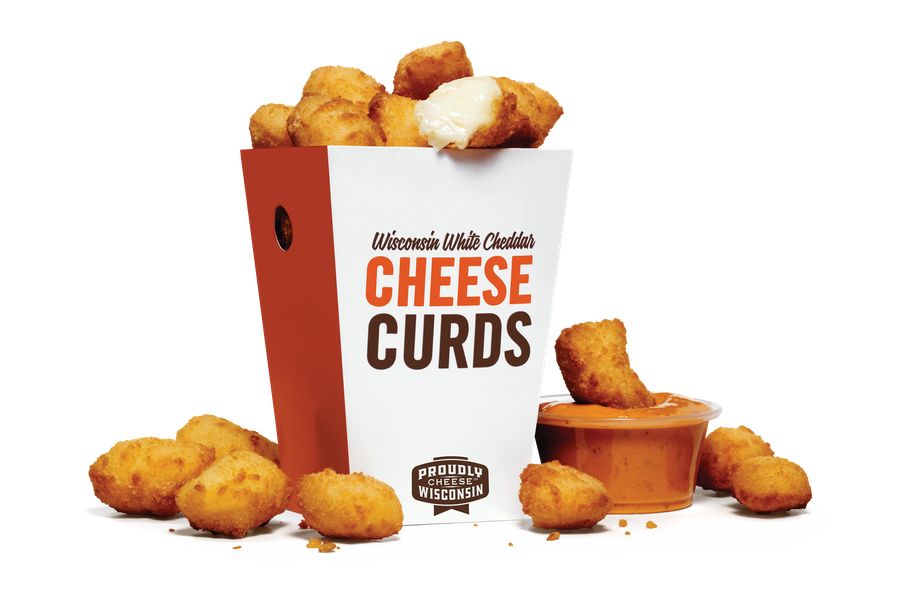 Box of Cheese Curds with Curds spilling out.