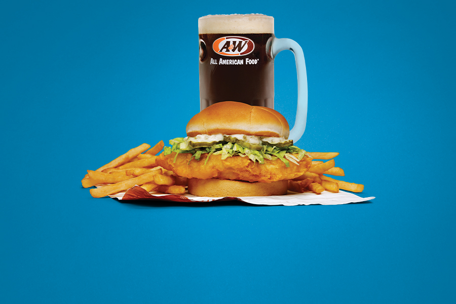 Cod Sandwich, Fries, and mug of A&W Root Beer on a dark blue background