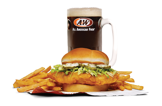 Cod Sandwich, Fries, and a mug of Root Beer.