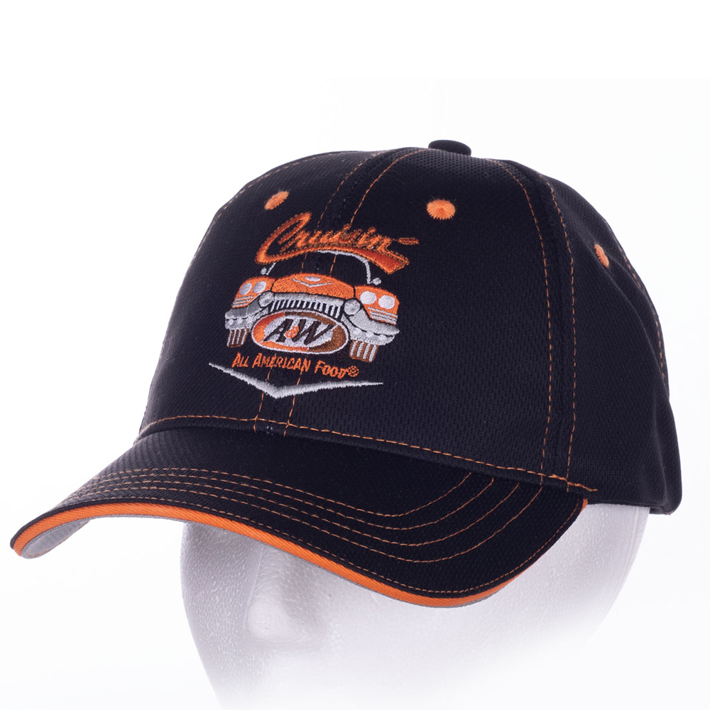 Cap is black with orange stitching throughout. Artwork of an orange car is embroidered in the center. Text above the car reads "Cruisin'" in orange. The A&W Restaurants logo is below the car.