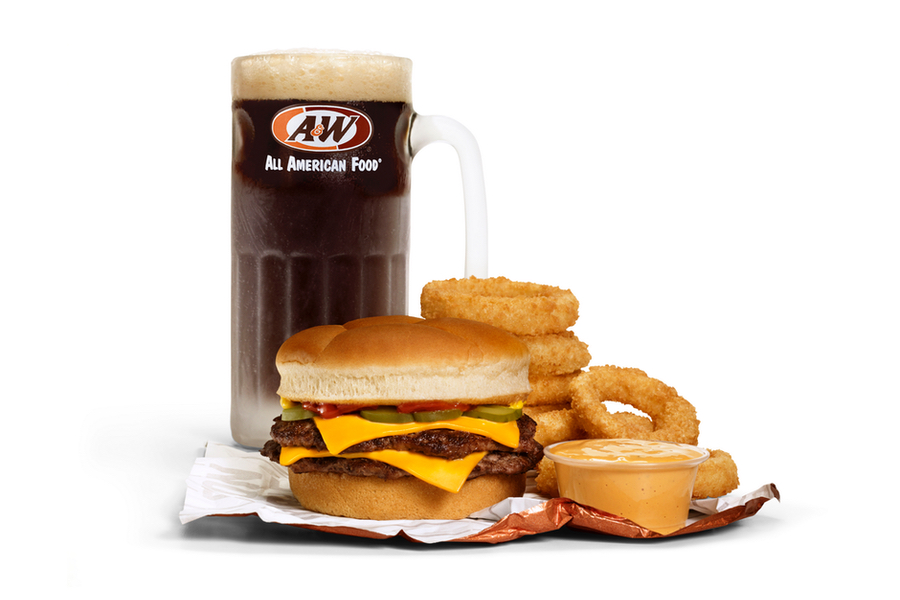 Double Cheeseburger, Onion Rings, Spicy Papa Sauce, and a mug of A&W Root Beer.