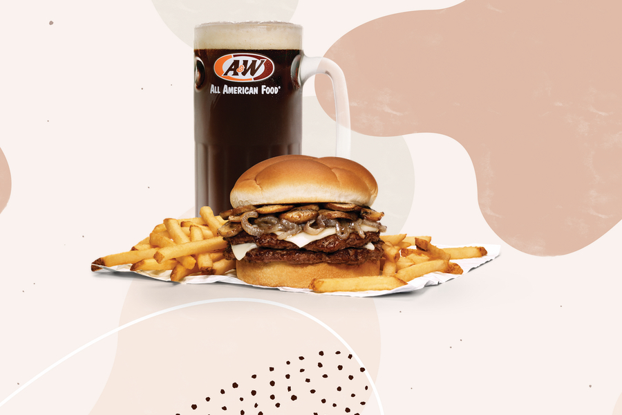 The background is light brown with swirls and shapes. A Double Mushroom Onion Melt Combo is on the top center of the image featuring a Double Mushroom Onion Melt Burger, pile of fries, and mug of A&W Root Beer.