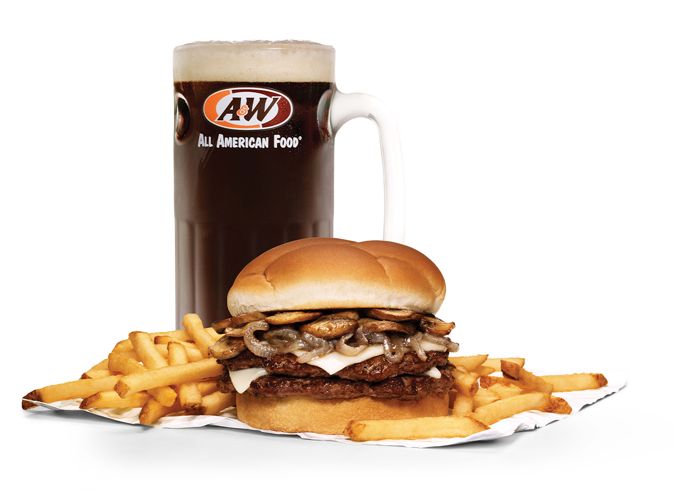 Double Mushroom Onion Melt Combo with fries and a frosty mug of A&W Root Beer.