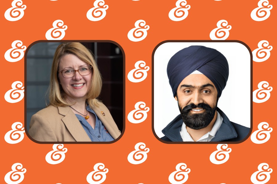 Orange background with white ampersands. Photos of Betsy Schmandt and Savneet Singh are in the center.