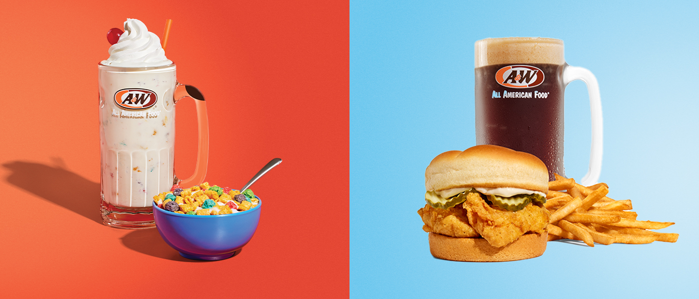 Left side is Cap'n Crunch Cereal Shake on red gradient background. Right side is a 2pc. Hand-Breaded Chicken Tender Sandwich Combo on a blue gradient background.