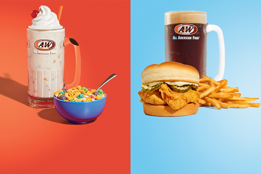 Left side is Cap'n Crunch Cereal Shake on red gradient background. Right side is a 2pc. Hand-Breaded Chicken Tender Sandwich Combo on a blue gradient background.