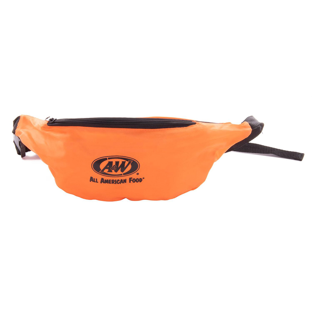 Orange fanny pack featuring the A&W Restaurants logo on the front in black.