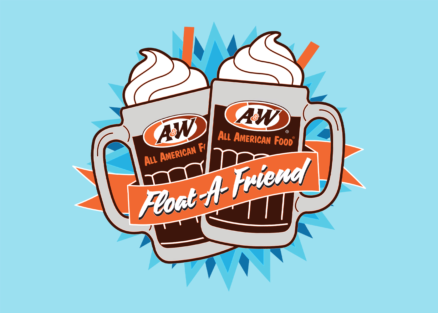 Background is light blue. Drawing of two A&W Root Beer Floats in the center with orange ribbon overlaid. Text inside ribbon is white and reads 