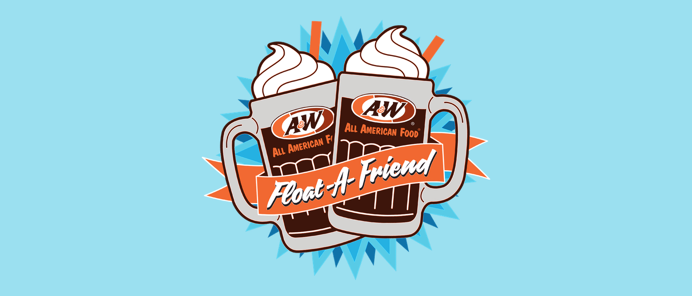 Background is light blue. Drawing of two A&W Root Beer Floats in the center with orange ribbon overlaid. Text inside ribbon is white and reads 