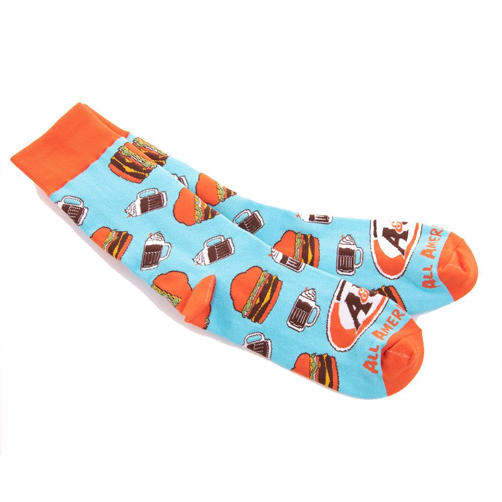 The socks are blue with orange accents on the top and bottom. Artwork of A&W Root Beer Floats and Burgers are printed all over the socks.