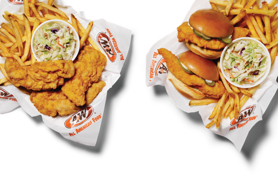 Left image of 3pc. Hand-Breaded Chicken Tender Basket with Fries and Slaw. Right image is a 2pc. Sliders with Fries and Slaw.