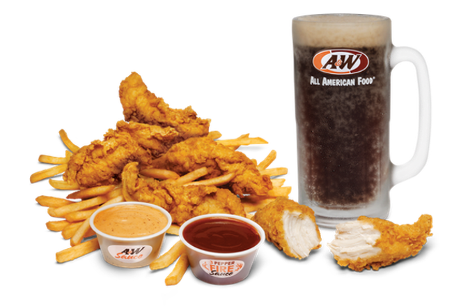Five Hand-Breaded Chicken Tenders, Fries, and a mug of Root Beer, and two sauce cups featuring A&W Sauce and Three Pepper Fire Sauce.