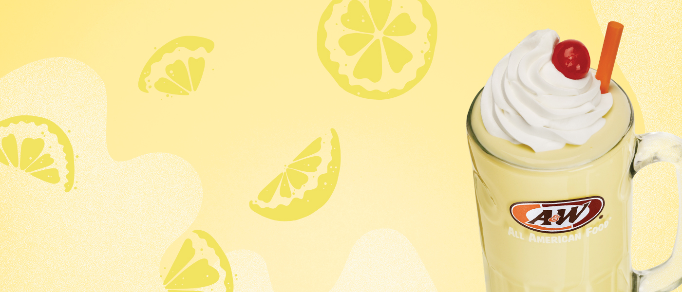Lemonade Shake on a yellow background with drawings of lemon slices