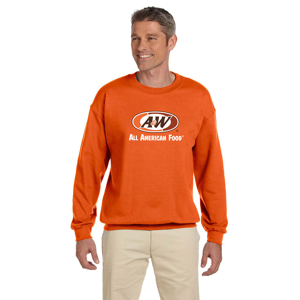 Man wearing an orange sweatshirt with the A&W Restaurants logo in the center.