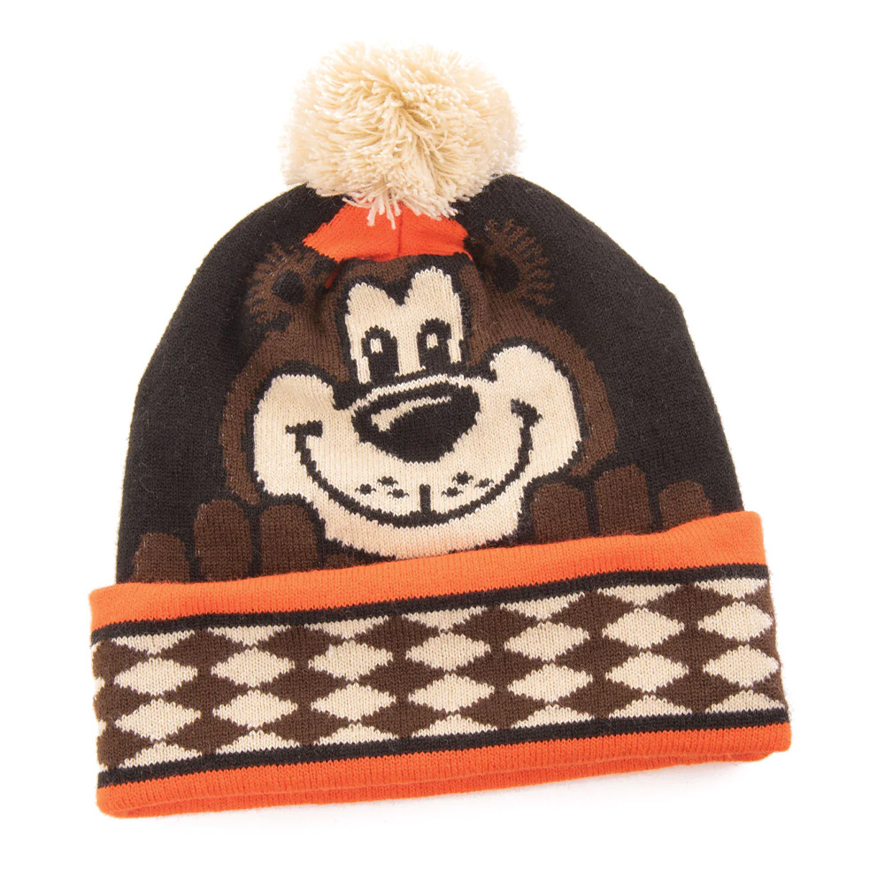 Brown and orange pom beanie with Rooty the Great Root Bear on front