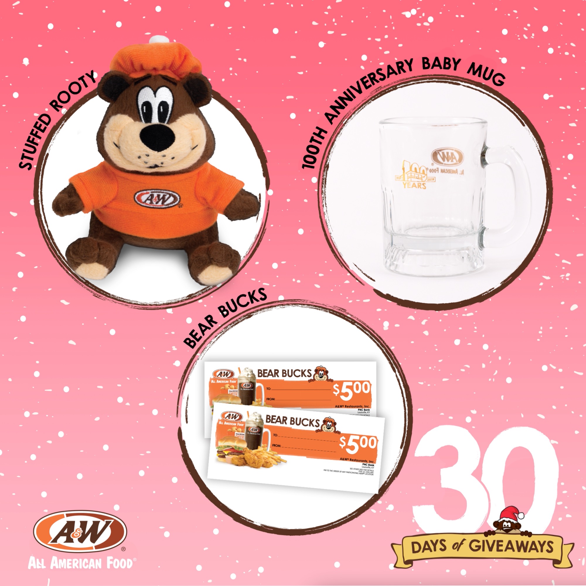 30 Days of Giveaways Prize Pack One featuring Stuffed Rooty, 100th Anniversary Baby Mug, and Bear Bucks.