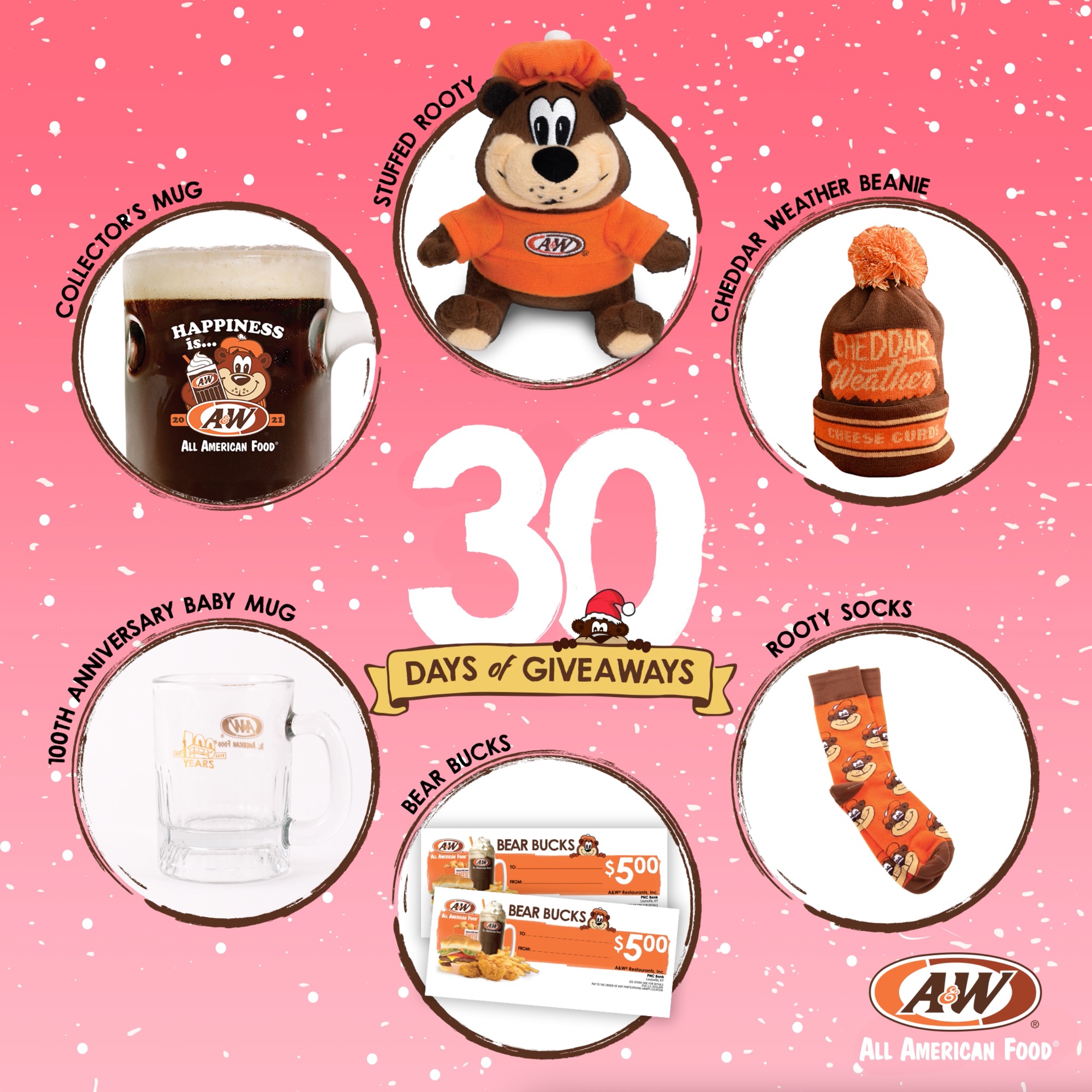 30 Days of Giveaways Prize Pack Three featuring Stuffed Rooty, 100th Anniversary Baby Mug, Bear Bucks, Collector's Mug, Rooty Socks, and Cheddar Weather Beanie.