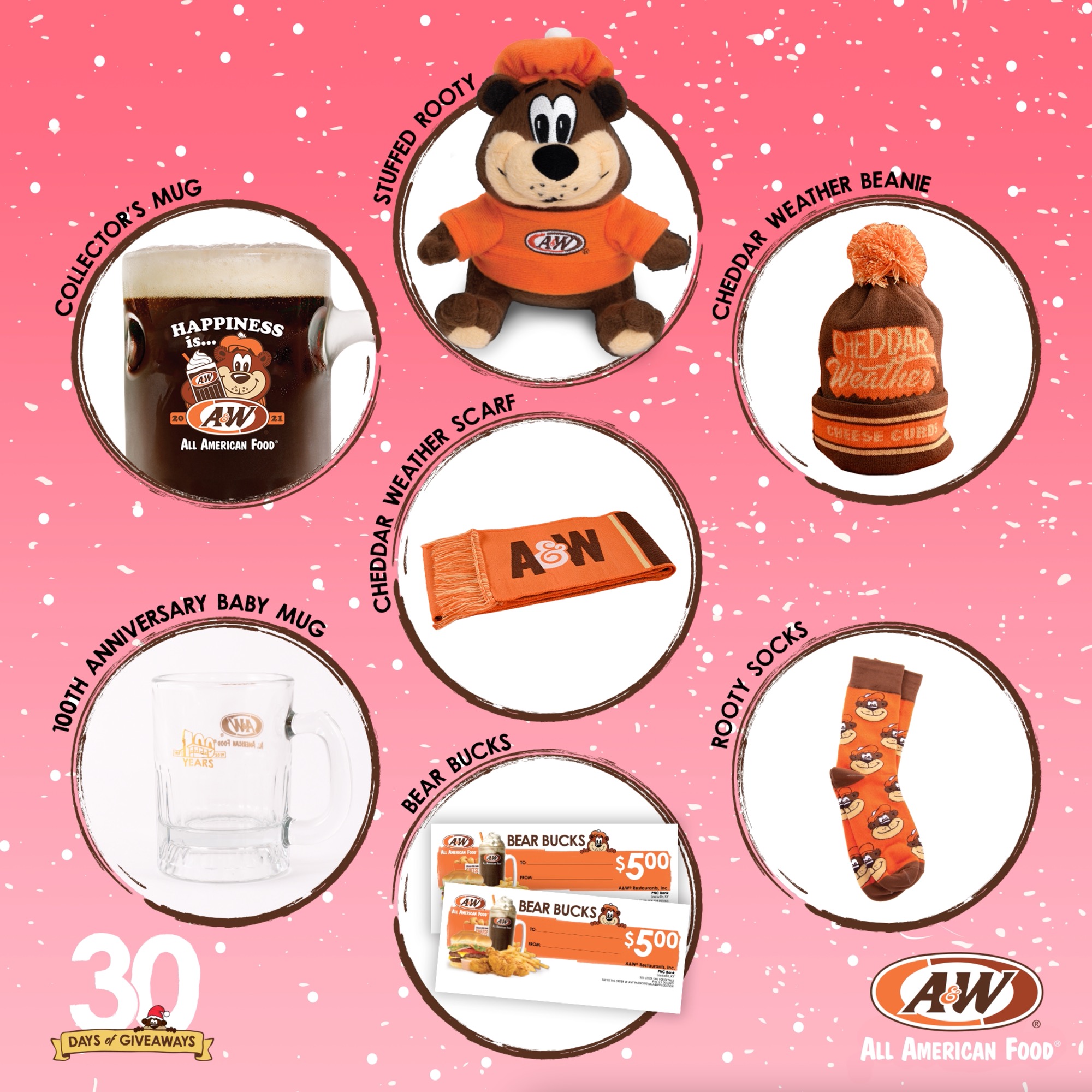 30 Days of Giveaways Prize Pack Four featuring Stuffed Rooty, 100th Anniversary Baby Mug, Bear Bucks, Collector's Mug, Rooty Socks, Cheddar Weather Beanie, and Cheddar Weather Scarf