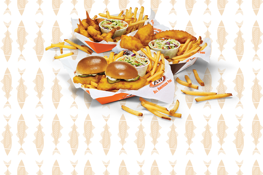 Background has drawings of fish. 3 Pub Style Baskets are featured: Cod, Shrimp, and Cod Sliders. Each basket contains fries and coleslaw.