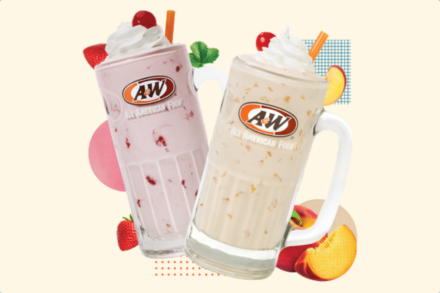 Strawberry and Peach Shakes on a light tan background