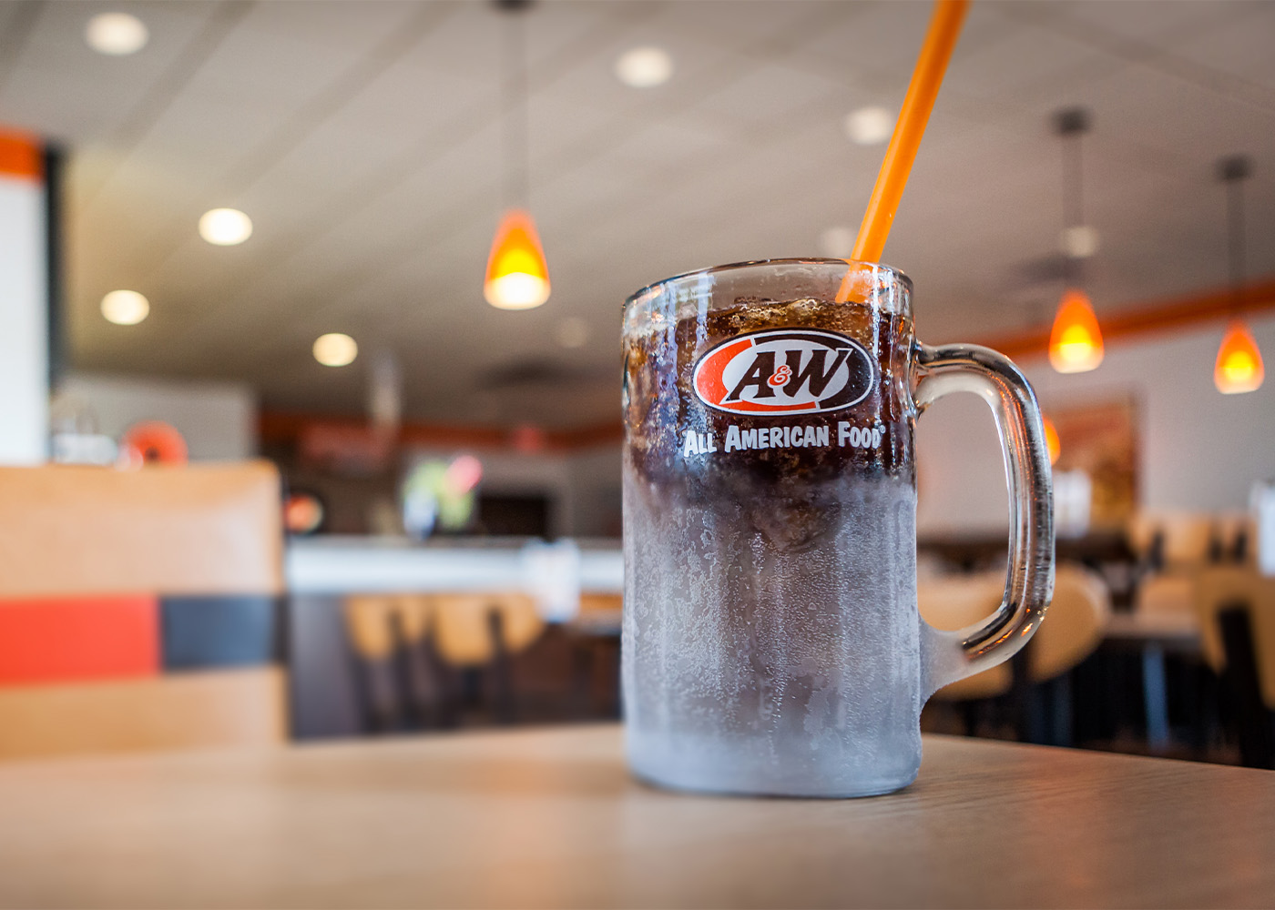 Frosty mug of A&W Root Beer sitting on a table