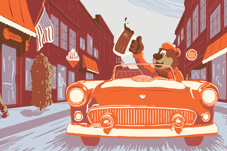 Artwork of Rooty the Great Root Bear driving in an orange car down Main Street. Rooty is holding a mug of A&W Root Beer in his right hand.