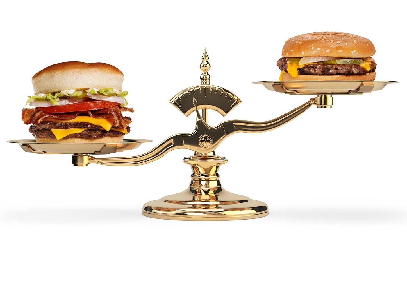 Background is white. Gold scale is in the center of the photo. Left side of scale is lower with an A&W Original Bacon Cheeseburger on the stand. A smaller Cheeseburger is on the right stand and higher in the air.