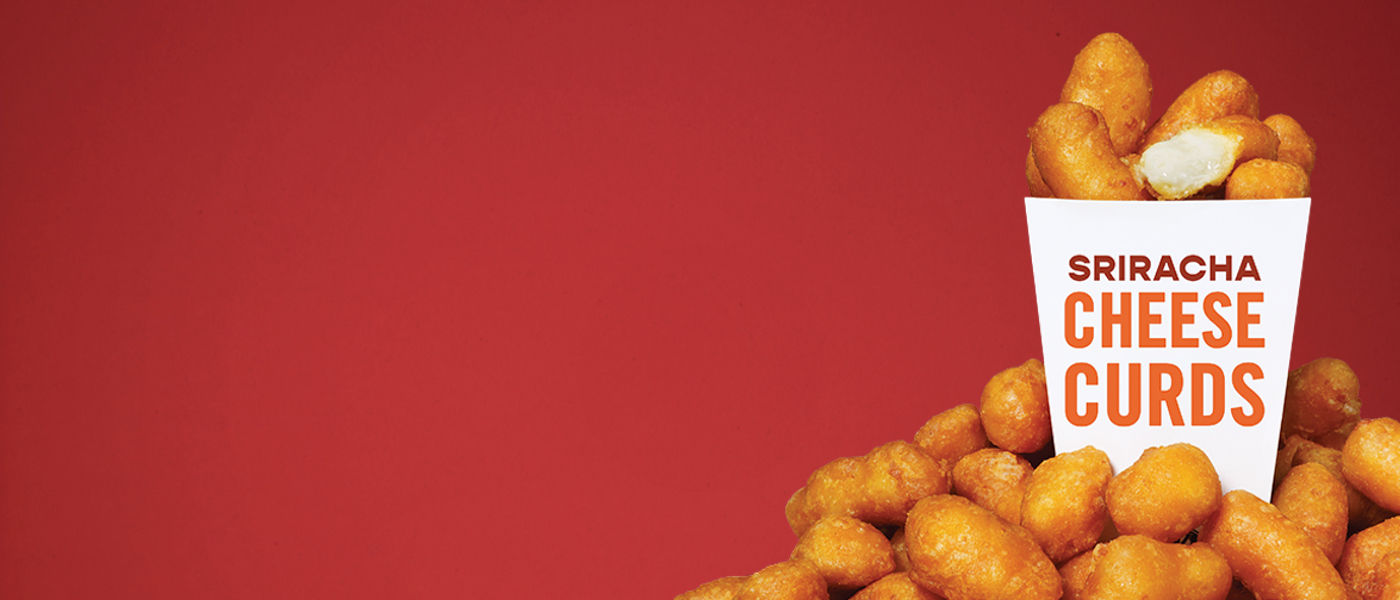 Sriracha Cheese Curds on a red background
