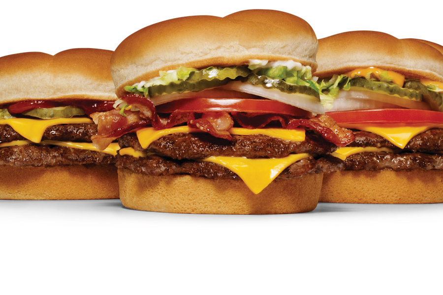 Double Cheeseburger, Bacon Double Cheeseburger, and Double Papa Burger on a white background.
