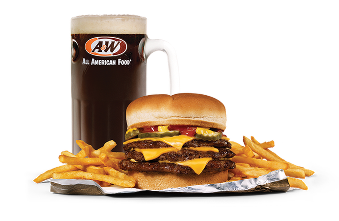 Triple Cheeseburger, fries, and a mug of A&W Root Beer