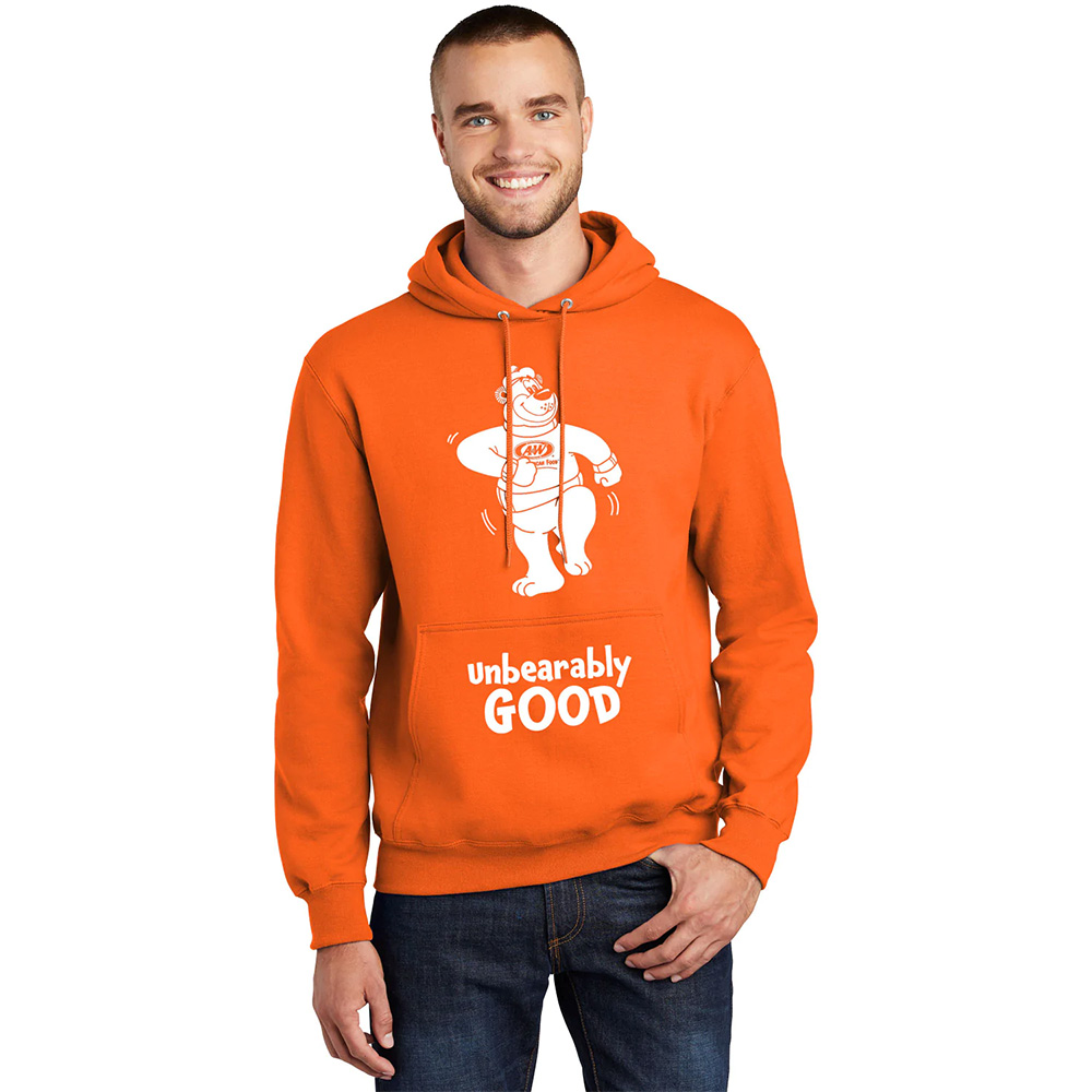 Orange hooded sweatshirt with Rooty on front and text that says "Unbearably Good"