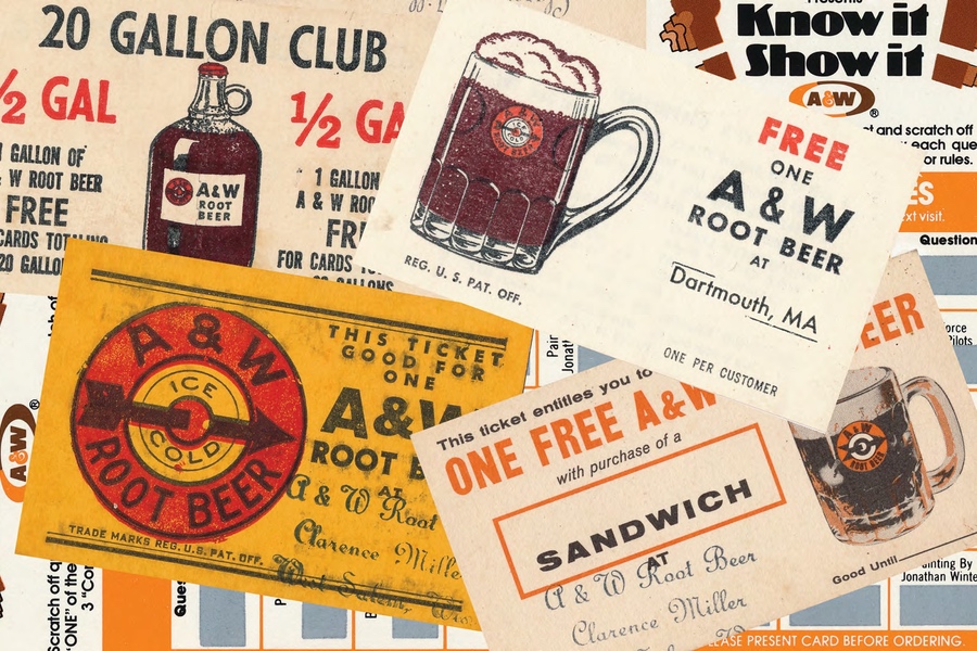 Collection of vintage A&W coupon cards from over the years.