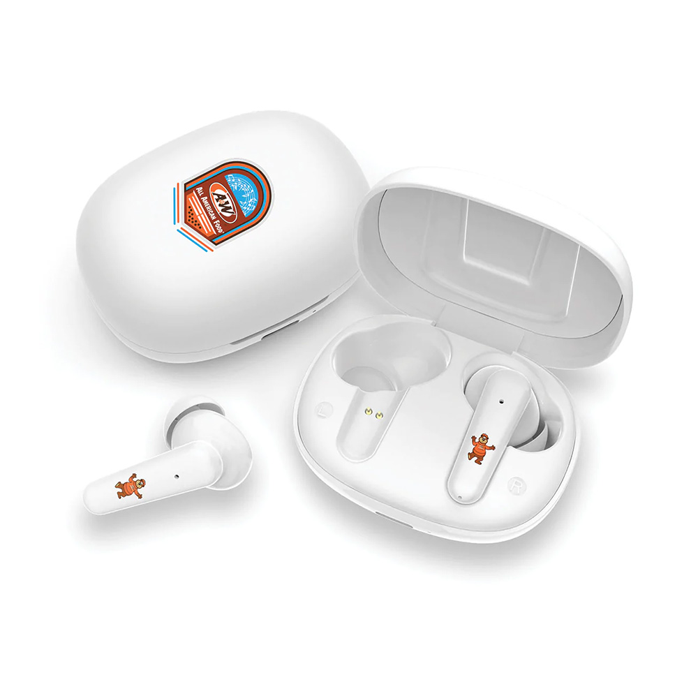 Wireless earbuds with Rooty and A&W Restaurants logo branding