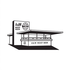 Black and white drawing of A&W Root Beer Stand